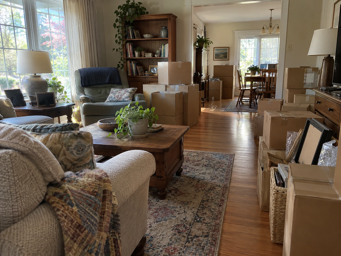 Packed belongings in a San Diego home during a downsizing move
